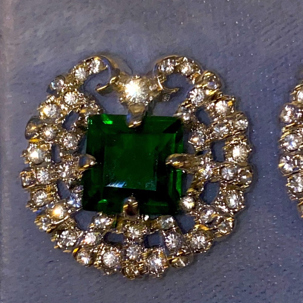 Smithsonian Museum Replica Hooker Emerald Rhinestones Silver Earrings Vintage - Picture 2 of 6